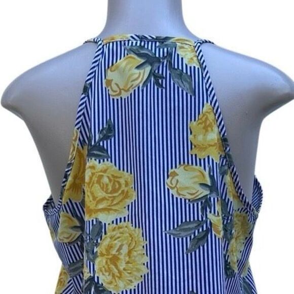 Time To Bloom Blouse Medium Blue Yellow Striped Floral Ruffle Spaghetti Strap - Picture 11 of 16
